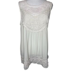 Wishlist White Lace Tunic Eyelet Sheer Keyhole Closure Sleeveless Summer Top Lg